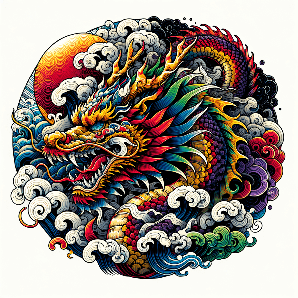 Japanese dragon wrapping waves and clouds